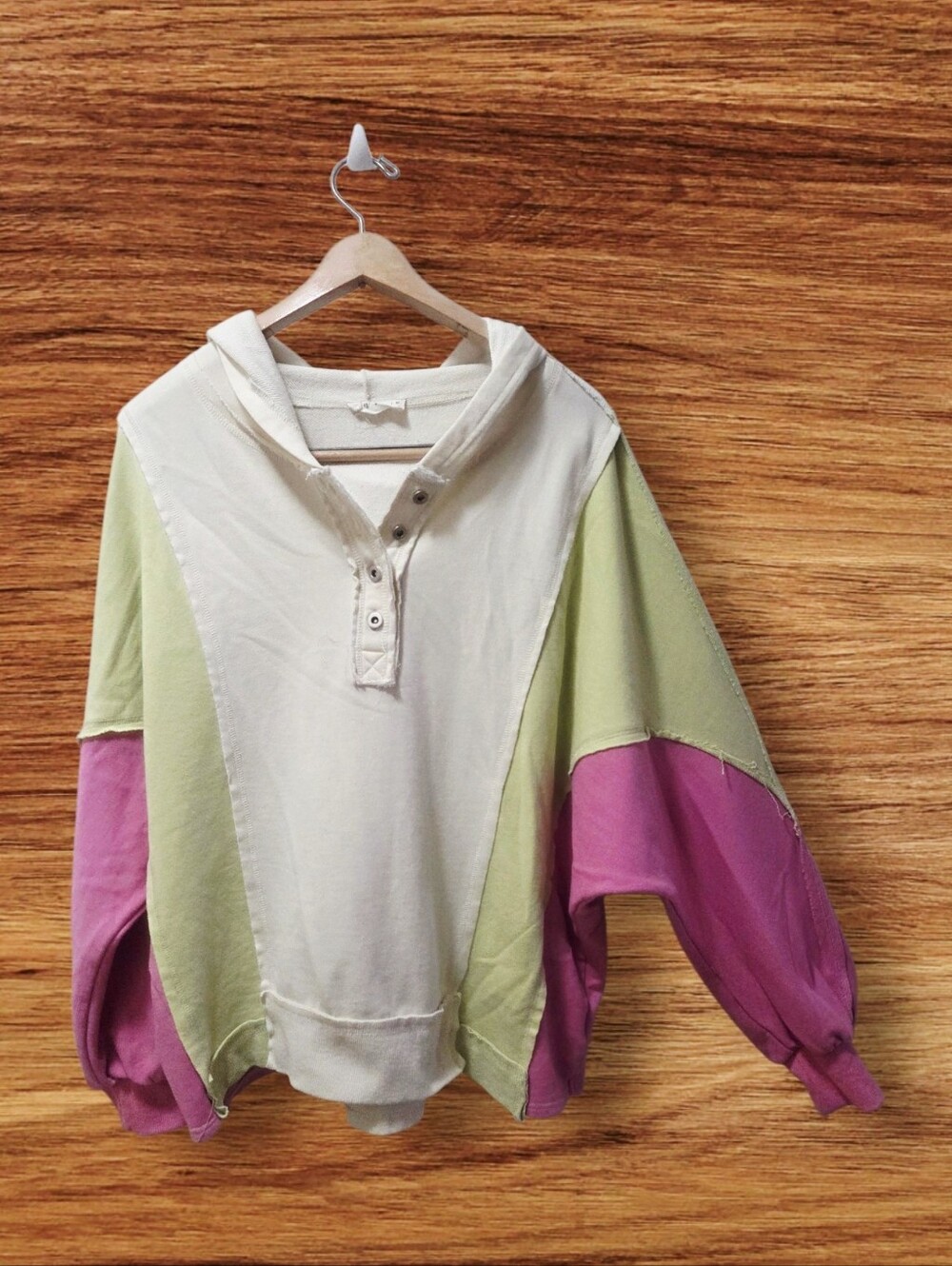 NEW IN Relaxed Colorblock Hoodie Pullover in Cream, Lime & Pink